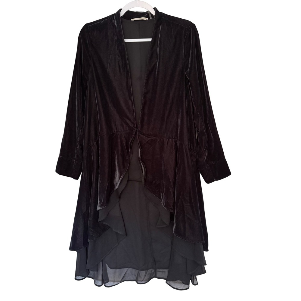 Soft Surroundings Velvet Chiffon Ruffle Duster Jacket XS Black Gothic Witchy